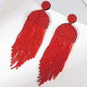 Long 4.5" Red Modern Art Deco Oversized Beaded Earrings Handmade Bohemian Tassel